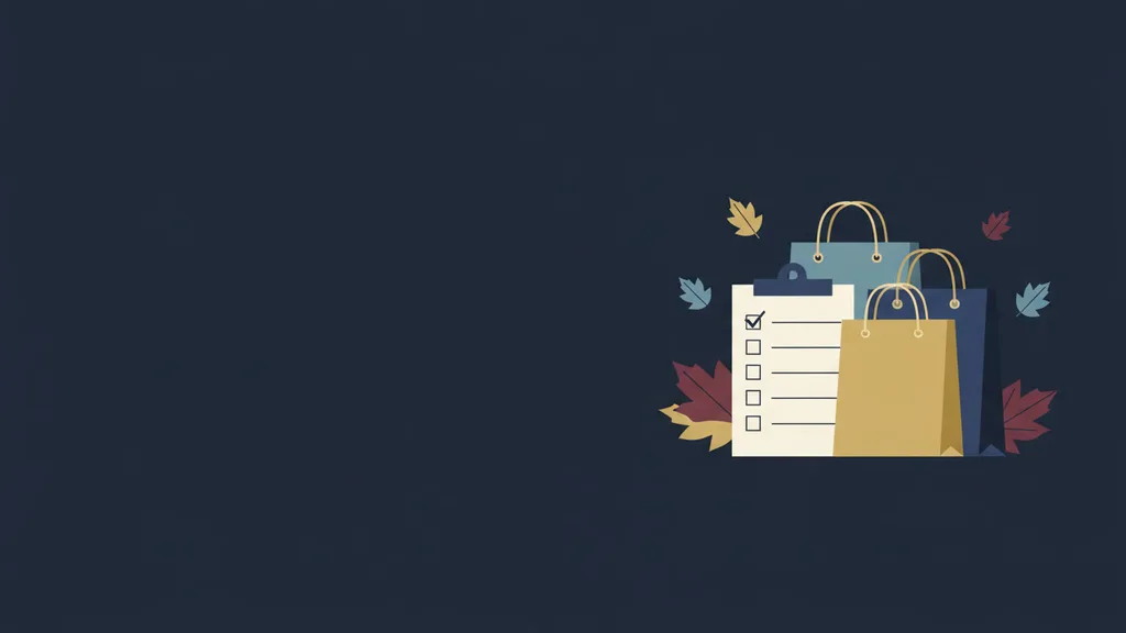 Illustration mit Einkaufstaschen, Checkliste und Herbstblättern auf dunkelblauem Hintergrund