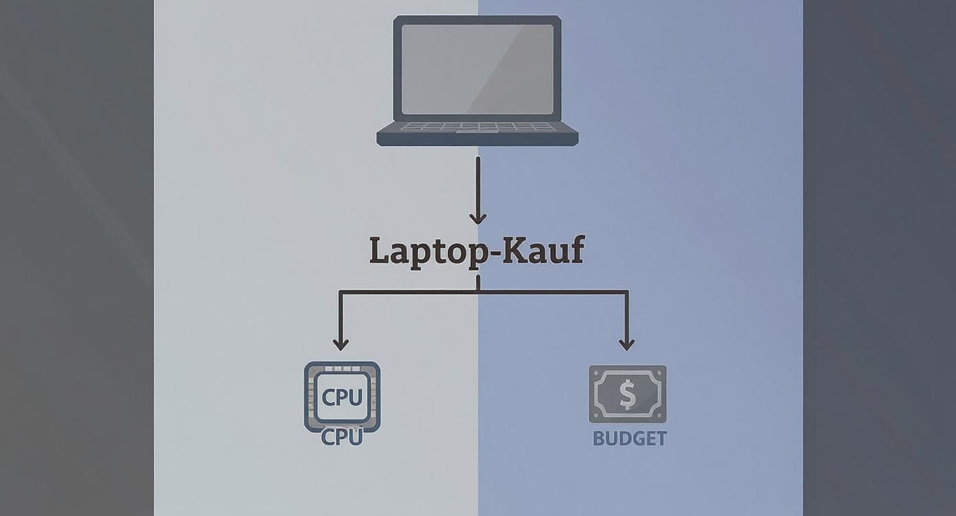 Ein Flussdiagramm zum Laptop-Kauf, das CPU und Budget als entscheidende Faktoren hervorhebt.