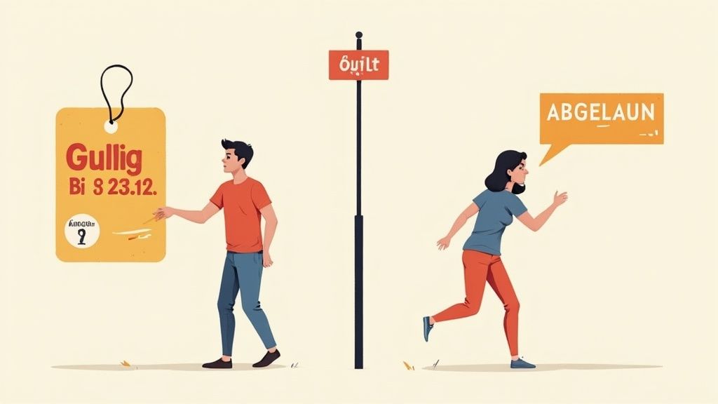 Ein Mann mit einem Ablaufdatum-Schild und eine Frau, die von einem 'Guilt'-Schild flieht.
