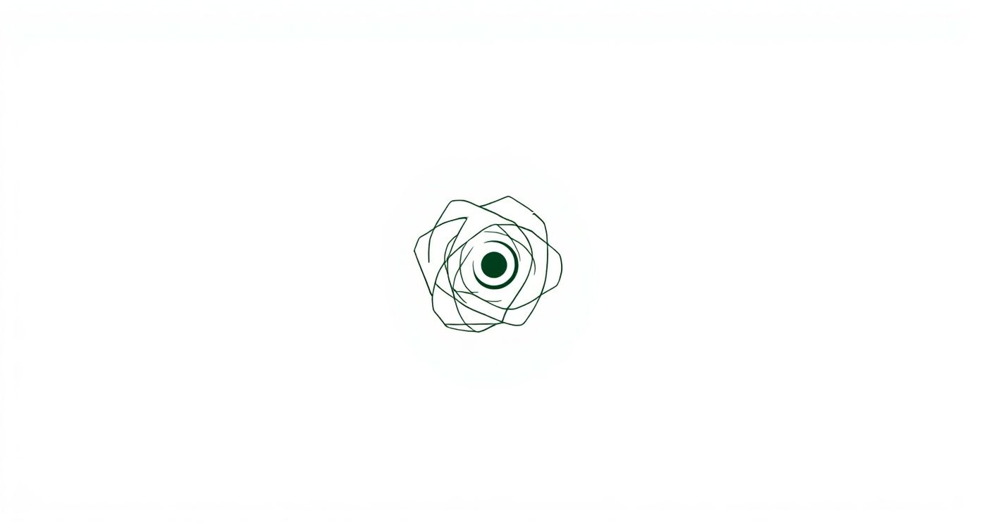 Ein abstraktes dunkelgrünes Rosendesign aus spiralförmigen Linien und einem Mittelpunkt auf weißem Hintergrund.