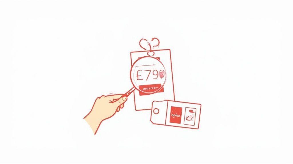 Eine Hand hält eine Lupe über einem Preisschild, das £790 anzeigt, mit einem weiteren Online-Tag daneben.