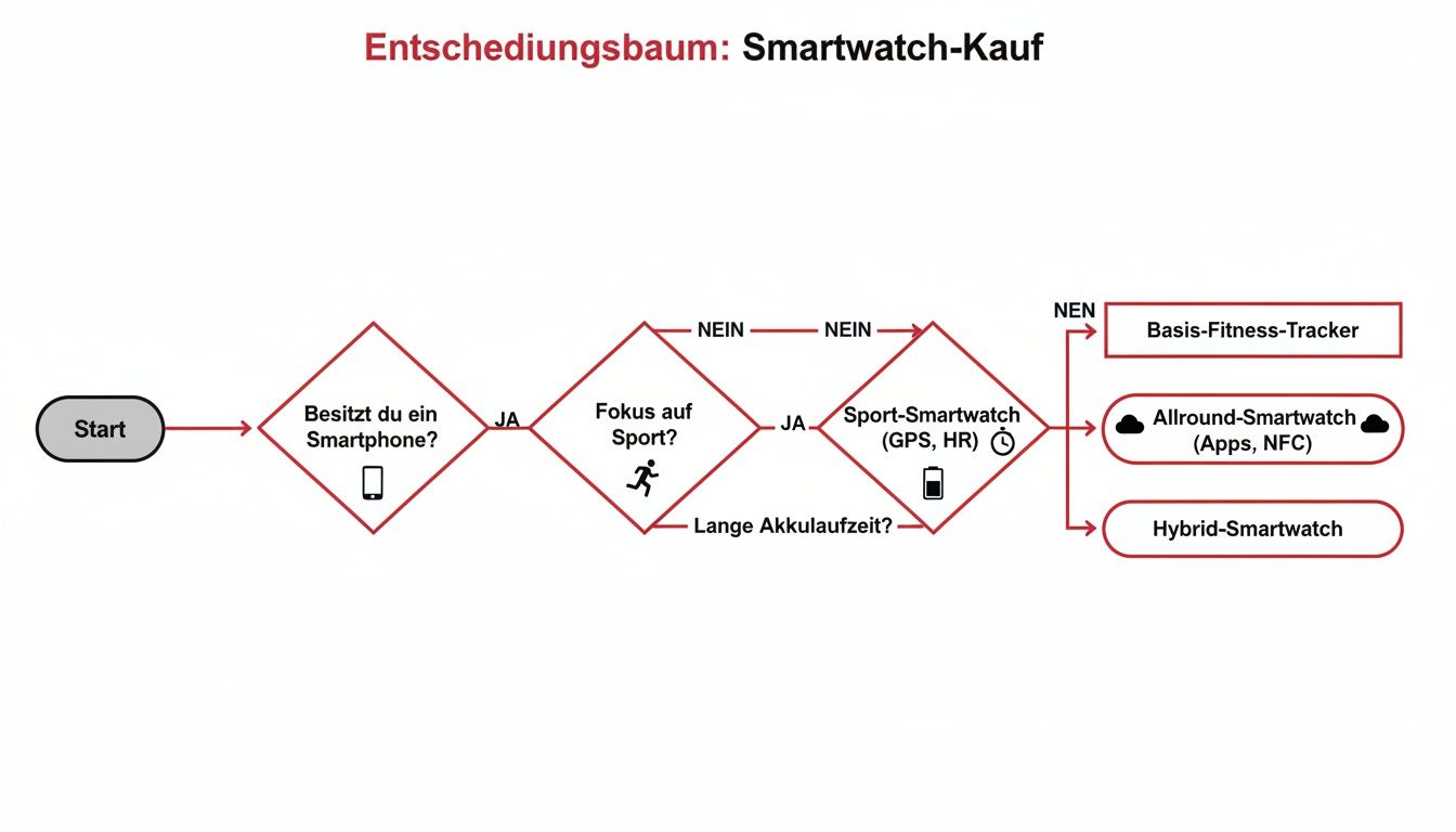 Entscheidungsbaum zum Smartwatch-Kauf, der Nutzer basierend auf Bedürfnissen zu verschiedenen Smartwatch-Typen führt.
