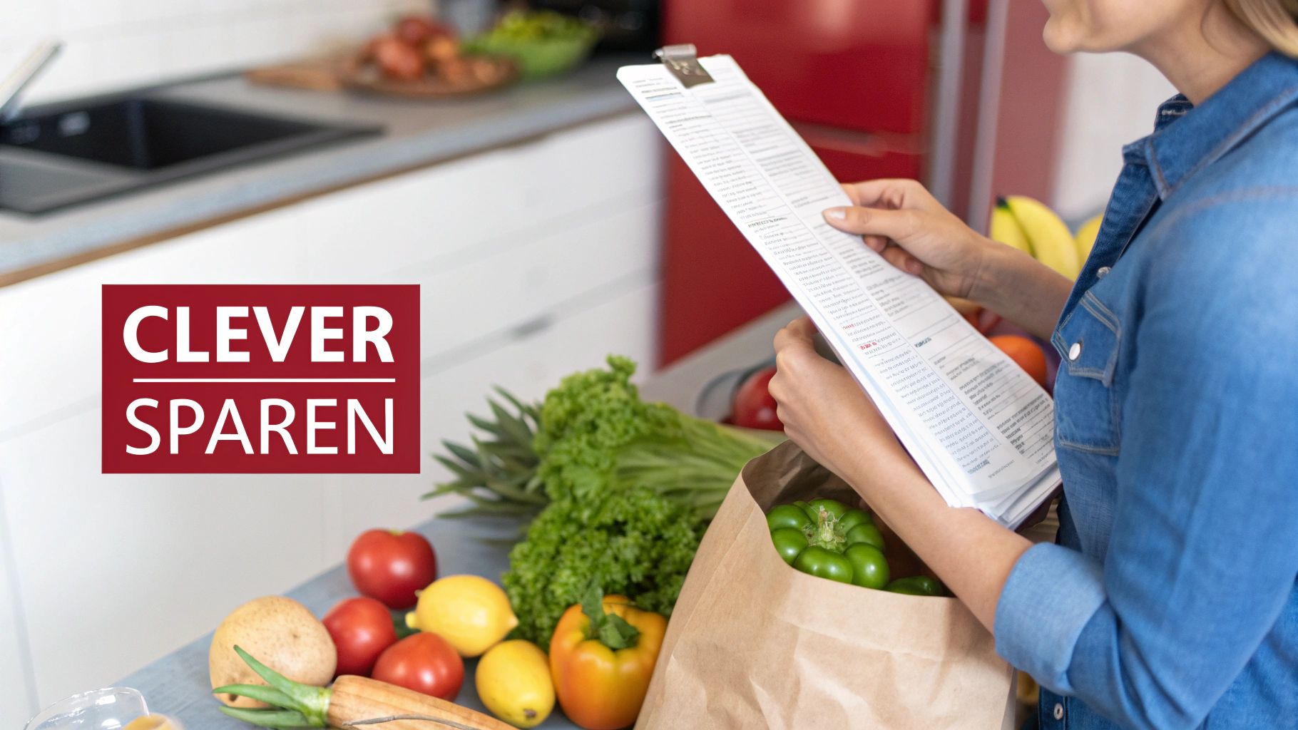 Eine Person vergleicht Lebensmittelpreise im Supermarkt auf ihrem Smartphone