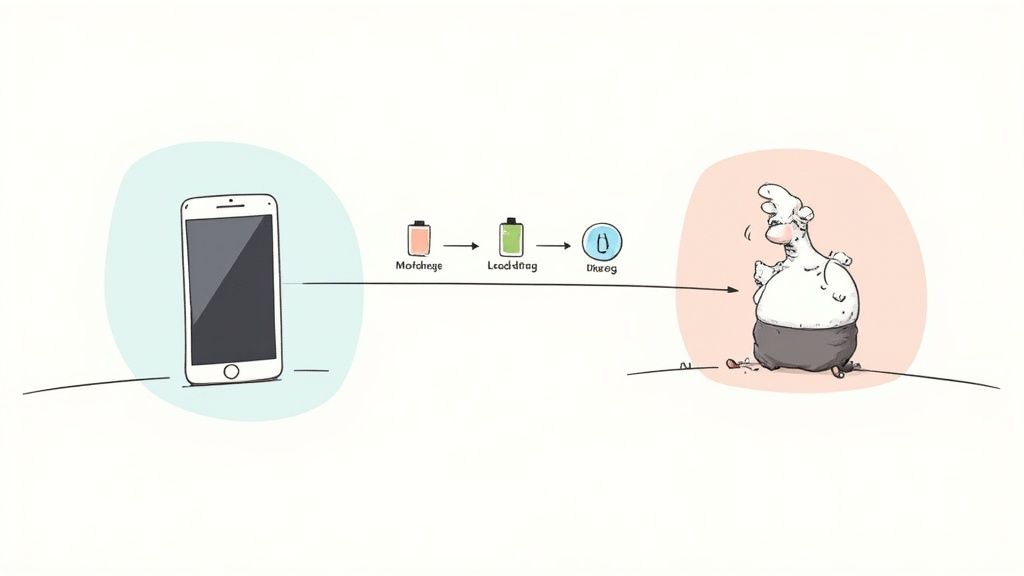 Illustration zeigt Smartphone-Batterielebenszyklus von Morgenladen bis Abend mit erschöpfter Person