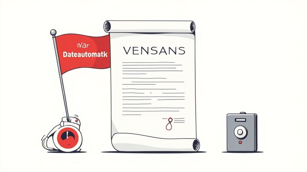 Zeichnung eines Roboters mit einer roten Flagge ("Wår Dateautomatk") neben einer Schriftrolle ("VENSANS") und einer Kamera.