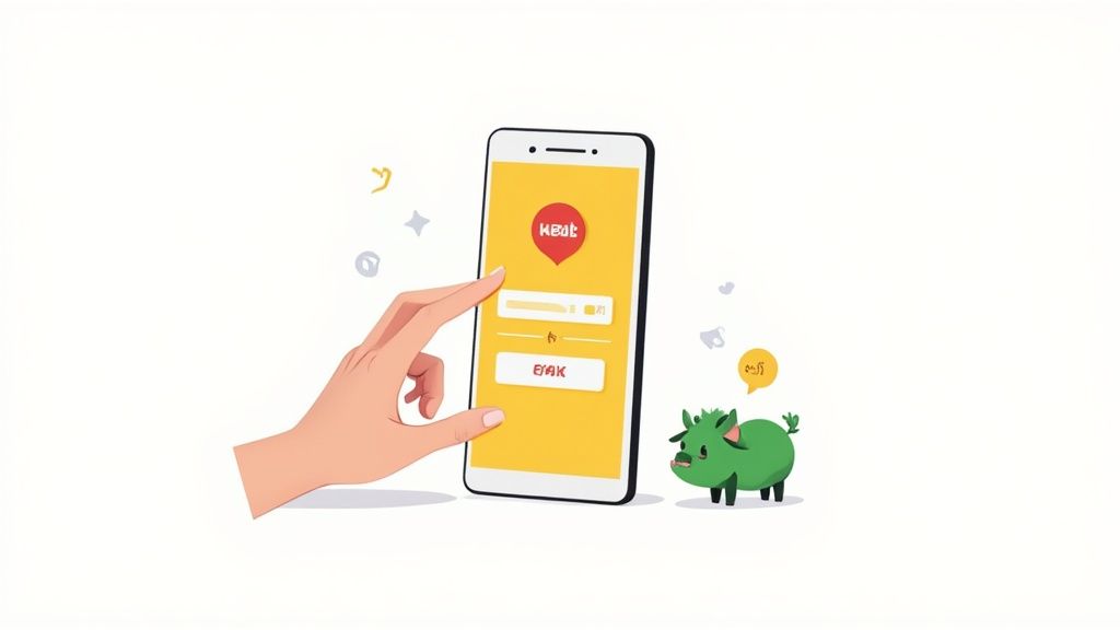 Eine Person hält ein Smartphone in der Hand und benutzt die Wolt App, um Essen zu bestellen, während sie auf einer Couch sitzt.
