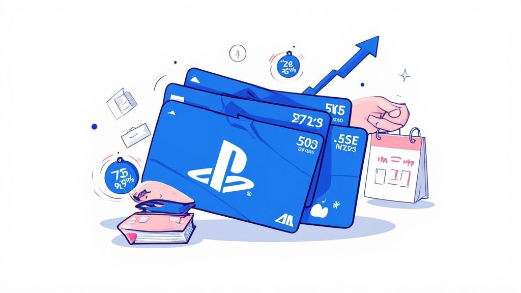 Eine PlayStation-guthabenkarte neben einem Controller und einer Konsole.