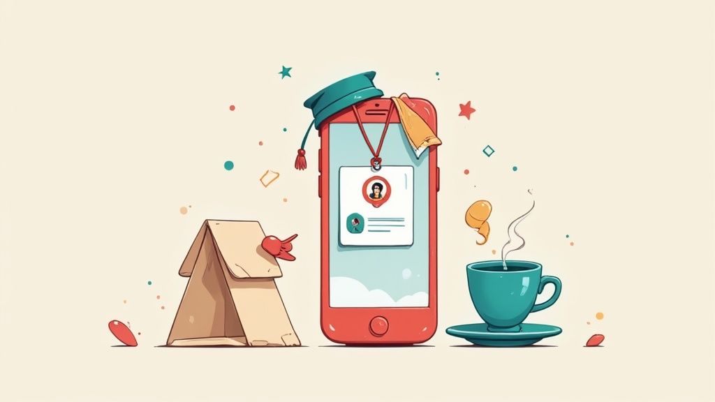 Eine Studierende sitzt an einem Schreibtisch, lernt und bestellt sich nebenbei mit einem Lächeln Essen über die Wolt-App auf ihrem Smartphone.