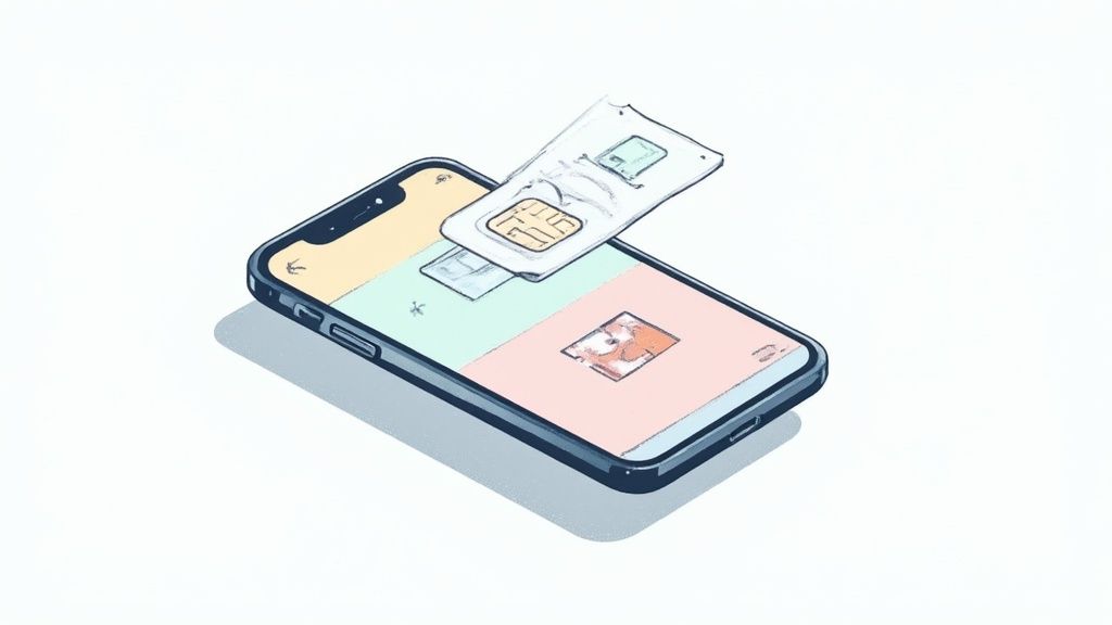 Ein Smartphone mit einer SIM-Karte darüber, bereit zur Verwendung oder zum Austausch.