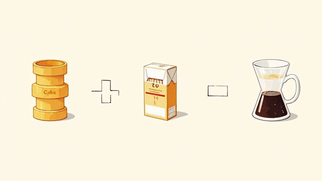 Illustration von Kaffeepads, einer Zigarettenschachtel und einer Kaffeekaraffe, wie eine Gleichung arrangiert.