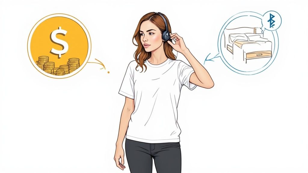 Eine Person hört Musik mit drahtlosen Bluetooth-Kopfhörern in einer belebten Stadtumgebung.