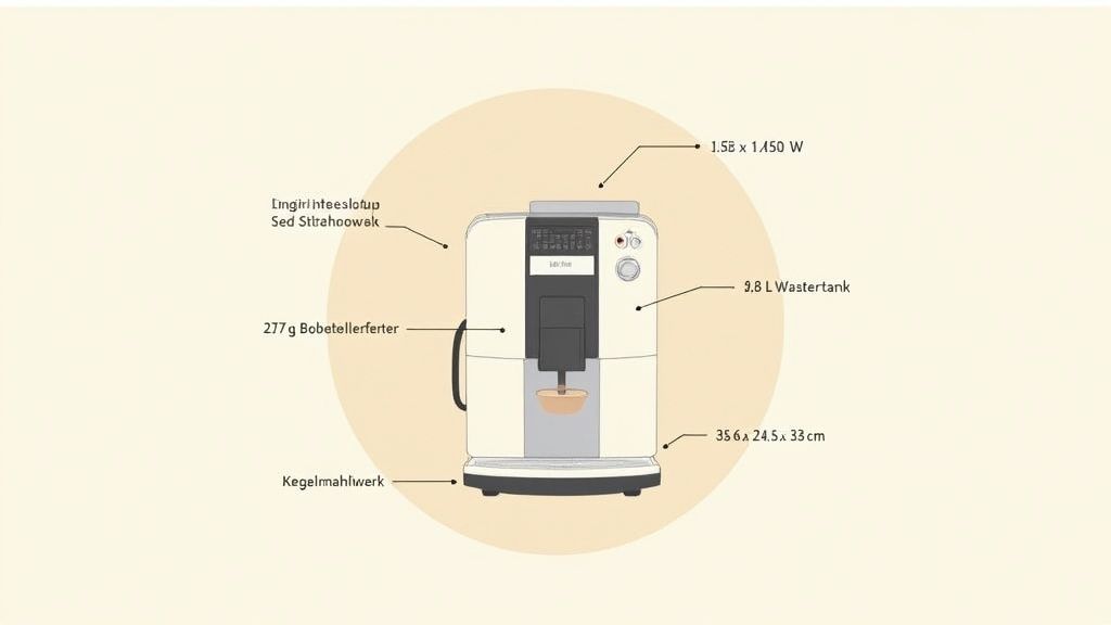 Ein Krups Kaffeevollautomat mit Beschriftungen für Leistung, Wassertank, Maße und Kegelmaße und Kegelmahlwerk.