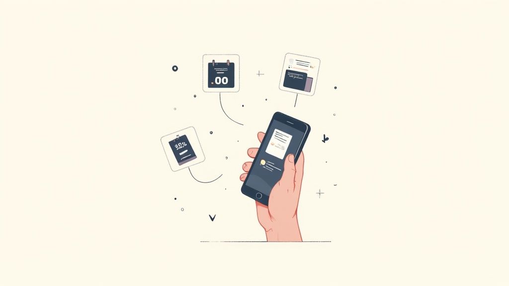 Eine Hand hält ein Smartphone, umgeben von Kalender-, Dokument- und Rabatt-Symbolen, die mobile Organisation darstellen.