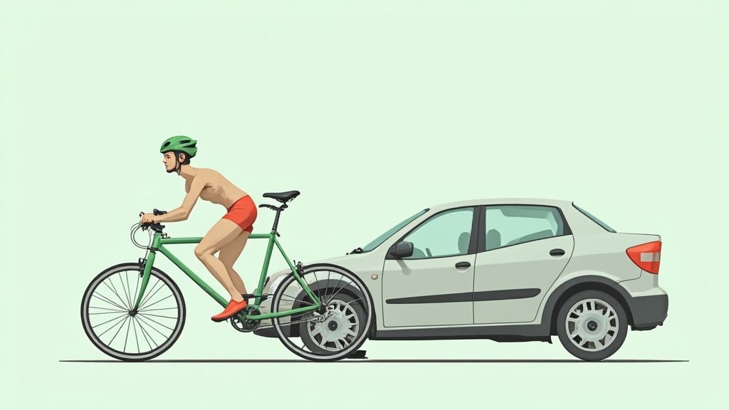 Eine Person fährt mit dem Fahrrad durch eine Stadt und demonstriert damit die Nutzung des Fahrrads anstelle des Autos für Kurzstrecken