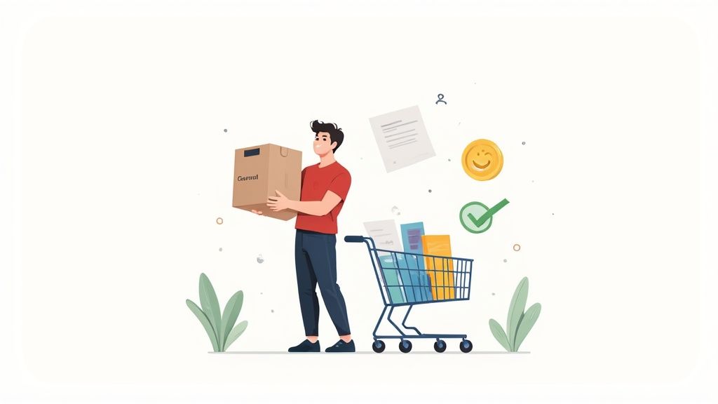 Eine Person hält ein Samsung Smartphone in der Hand, umgeben von Icons, die auf Sparen und Cashback hinweisen.