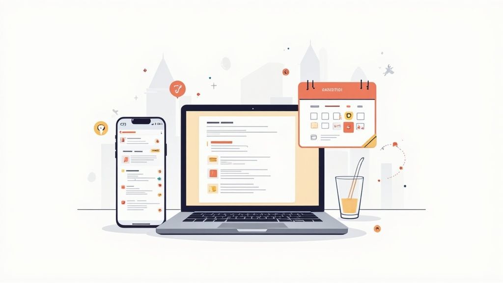 Digitaler Arbeitsplatz mit Laptop, Smartphone und Kalender, um Organisation und Produktivität zu visualisieren.