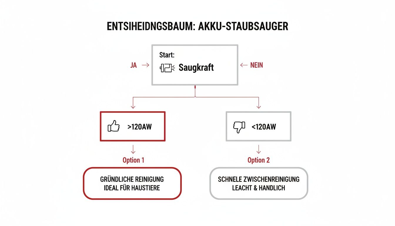 Entscheidungsbaum für Akku-Staubsauger: Wähle zwischen hoher (>120AW) oder niedriger (<120AW) Saugkraft für die passende Reinigungsoption.