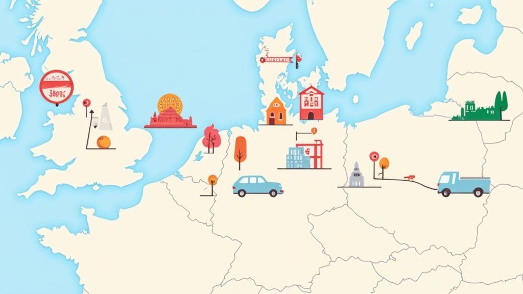 Eine Stadtkarte mit mehreren Pins, die verschiedene Liefergebiete und Restaurantstandorte bei Wolt markieren.