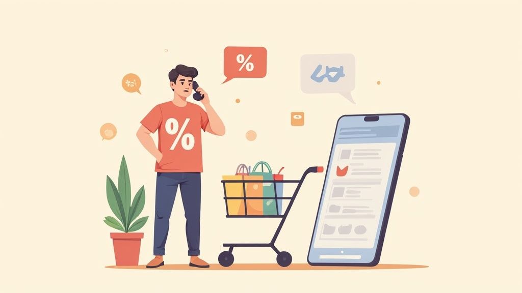 Mann telefoniert über Rabatte beim Online-Shopping mit vollem Einkaufswagen und großem Smartphone.