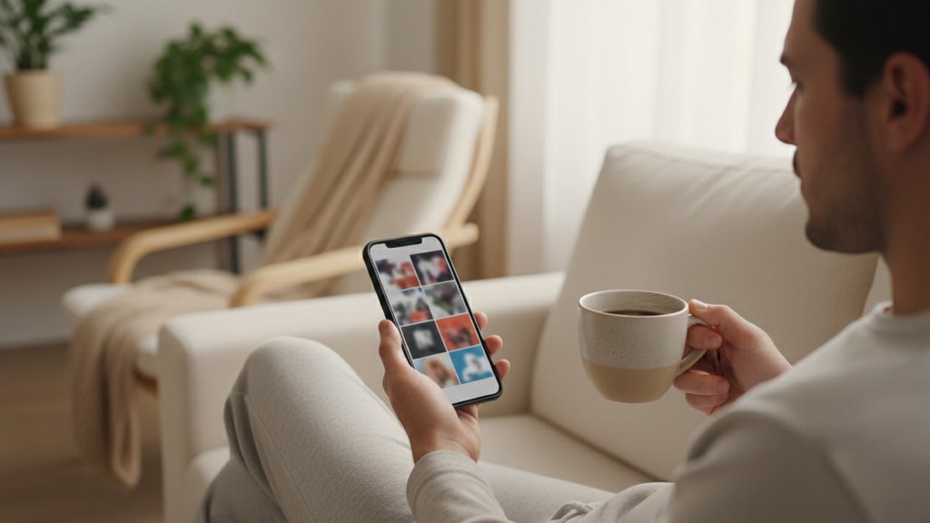Eine Person sucht auf ihrem Smartphone nach Kleinanzeigen, während sie eine Tasse Kaffee trinkt.