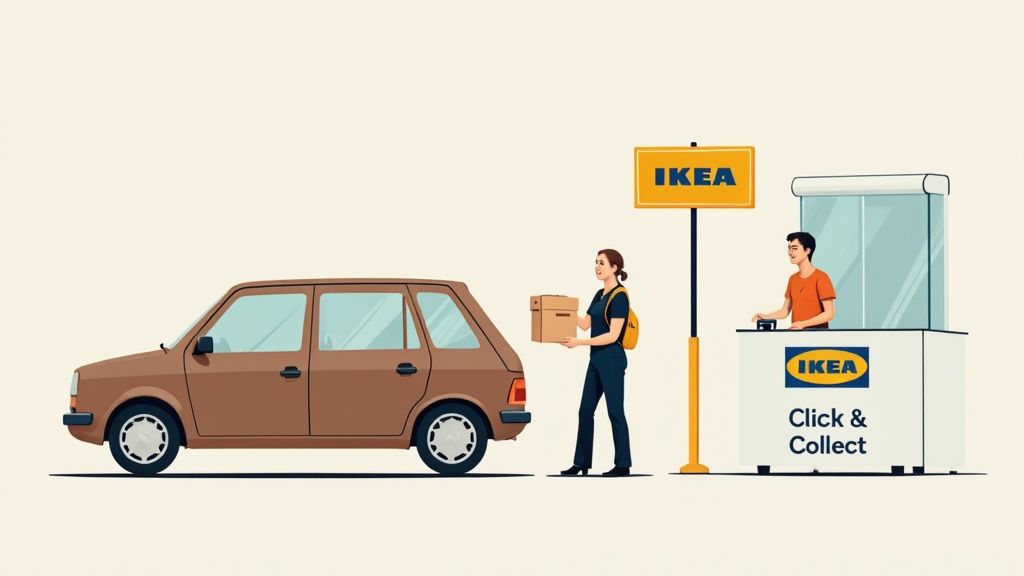Kunden nutzen den IKEA Click & Collect Service, um online bestellte Produkte mit ihrem Auto abzuholen.