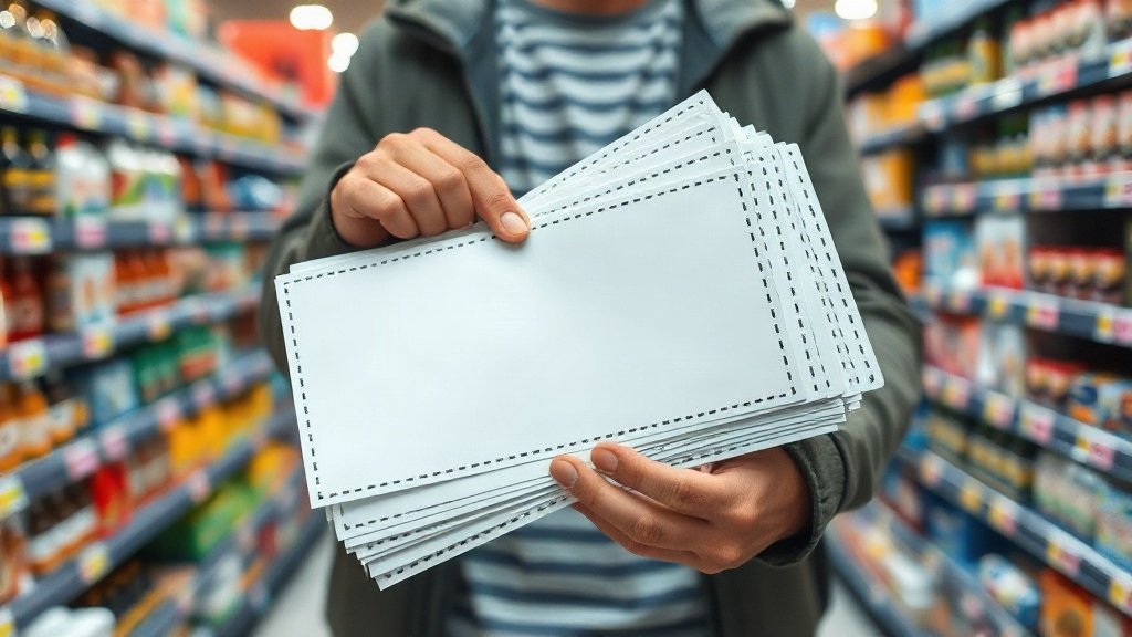 Eine Person hält einen Stapel ausgedruckter Coupons in der Hand, um zu zeigen, wie man Ersparnisse maximiert.