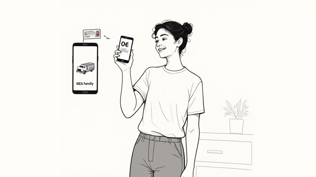 Eine lächelnde Frau hält ein Smartphone mit 0€ auf dem Bildschirm, daneben IKEA Family und ein Lieferwagen.