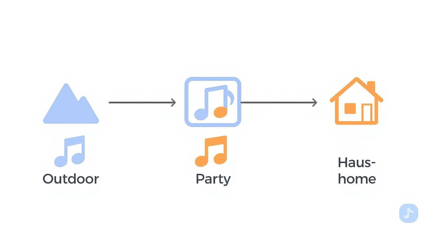 Diagramm zeigt den Fluss von Outdoor über Party zu Zuhause mit Musiksymbolen und Pfeilen.