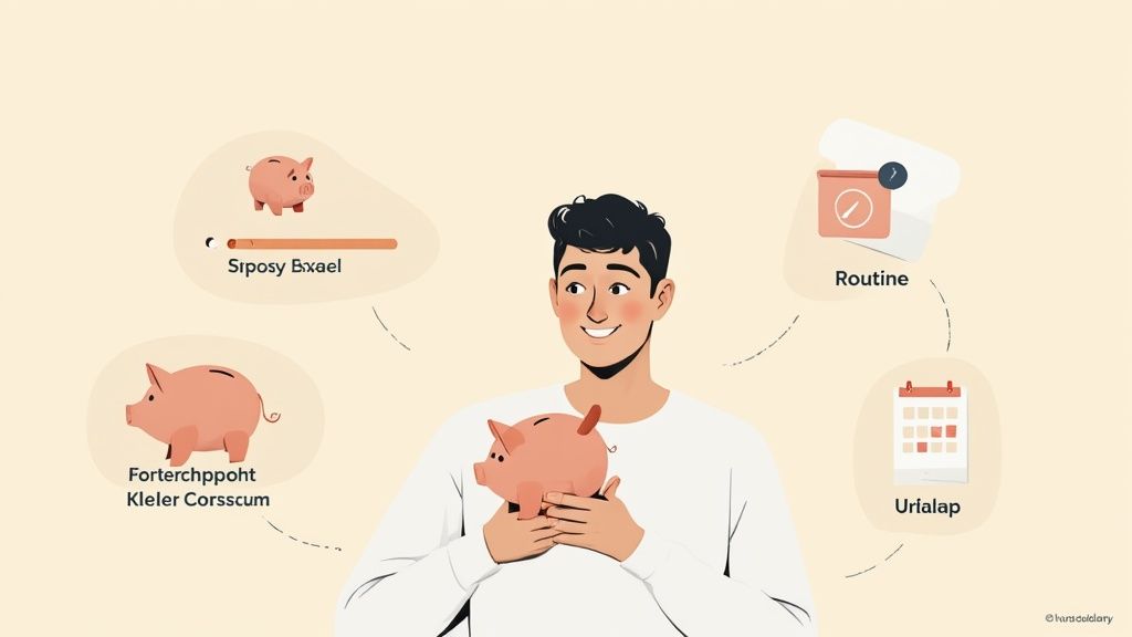 Ein lächelnder Mann hält ein Sparschwein, umgeben von Icons und Texten zu Sparzielen, Routine und Urlaubsplanung.